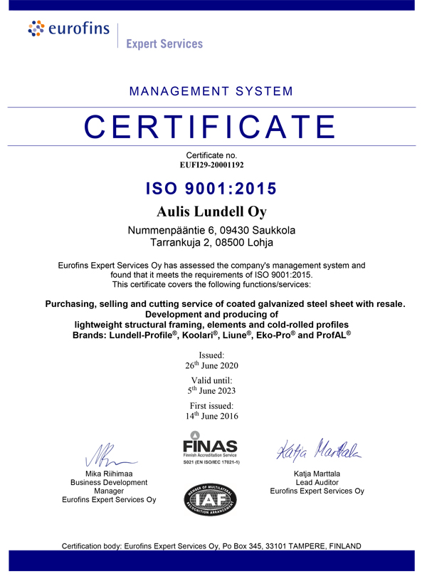 Management system certificate Aulis Lundell Oy